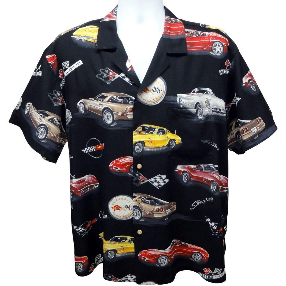 Vintage 90s Paradise Found Hawaiian Corvette Shirt Black Mens Size Large